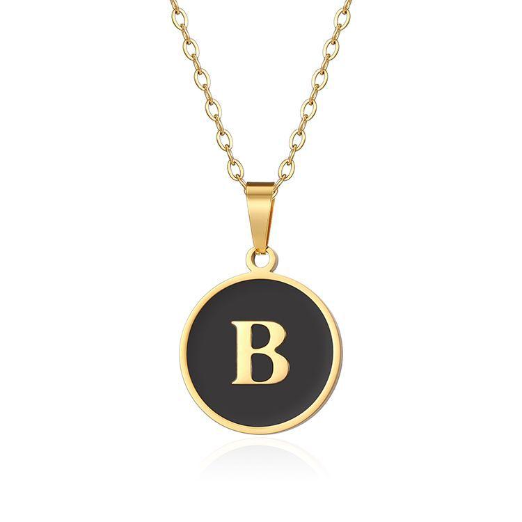 English letter oiled necklace, European and American trend titanium steel chain, round gold letter pendant collarbone chain