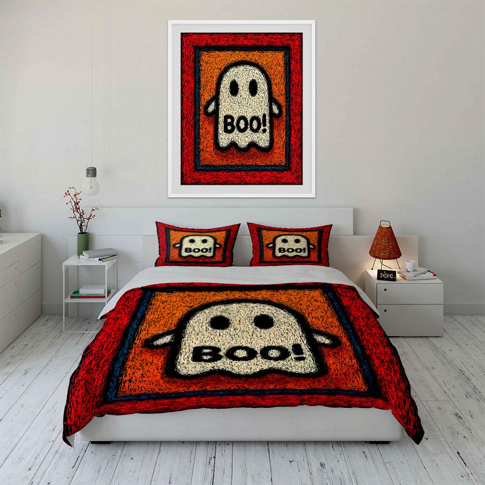 Ghost Illustration with "Boo!" Bedding Duvet Cover Set  (1*Duvet Cover 2*Pillowcases, Without Duvet Insert)