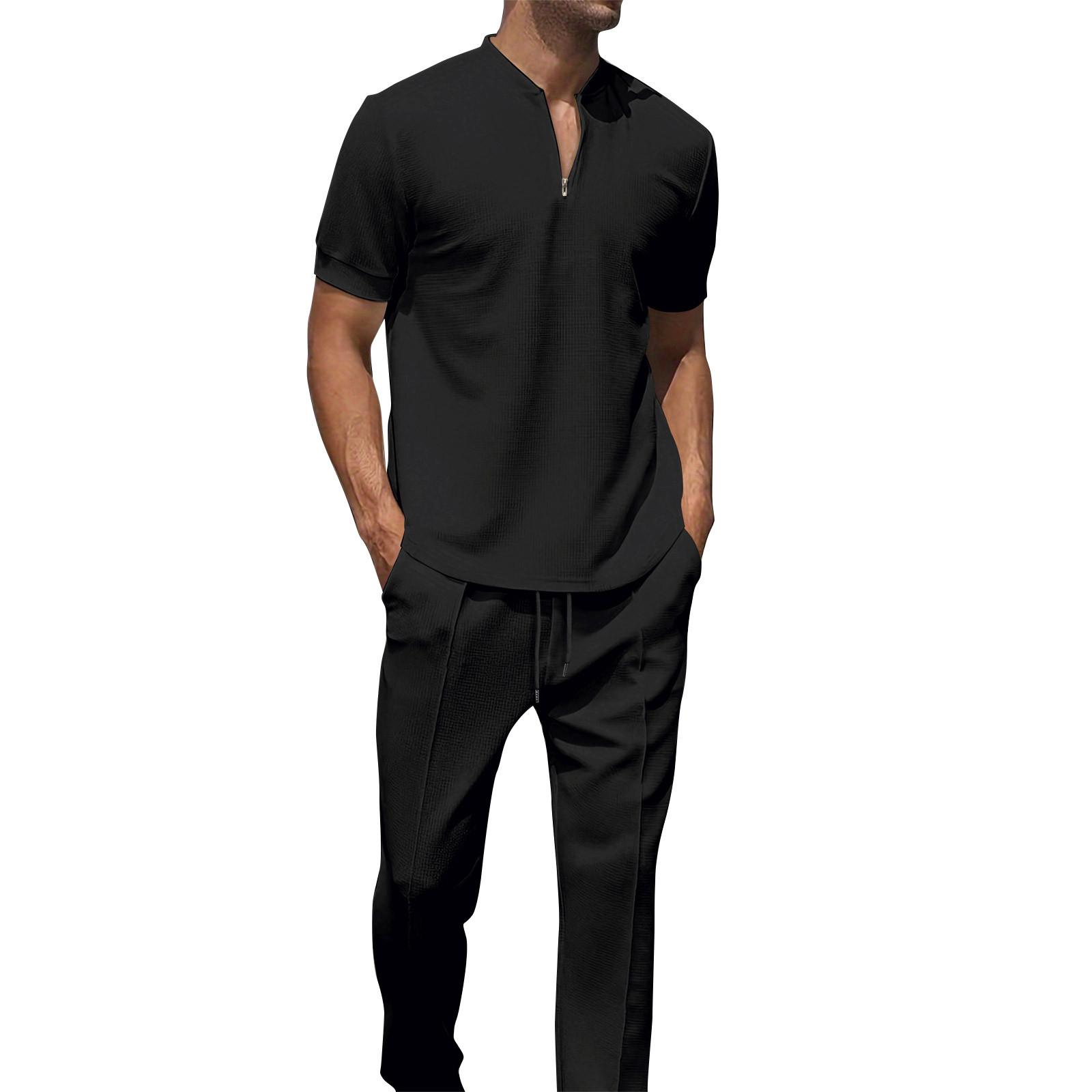 

Мужской повседневный комплект с воротником-стойкой, однотонные брюки на молнии с короткими рукавами M чёрный