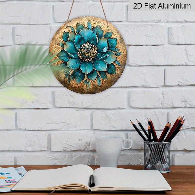 2D Flat, 1pc Retro Turquoise Flower Mosaic Round Wall Art, 2D Aluminum Sign with Golden Accents Frameless, Perfect for Home Decor, Balcony, Rustic