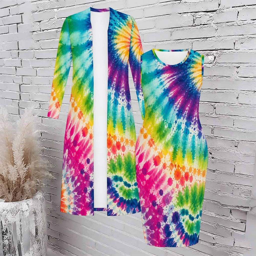 Women Plus Size Two Piece Set Dark Green Printed Long Sleeve Open Front Cardigan Sleeveless Bodycon Dress