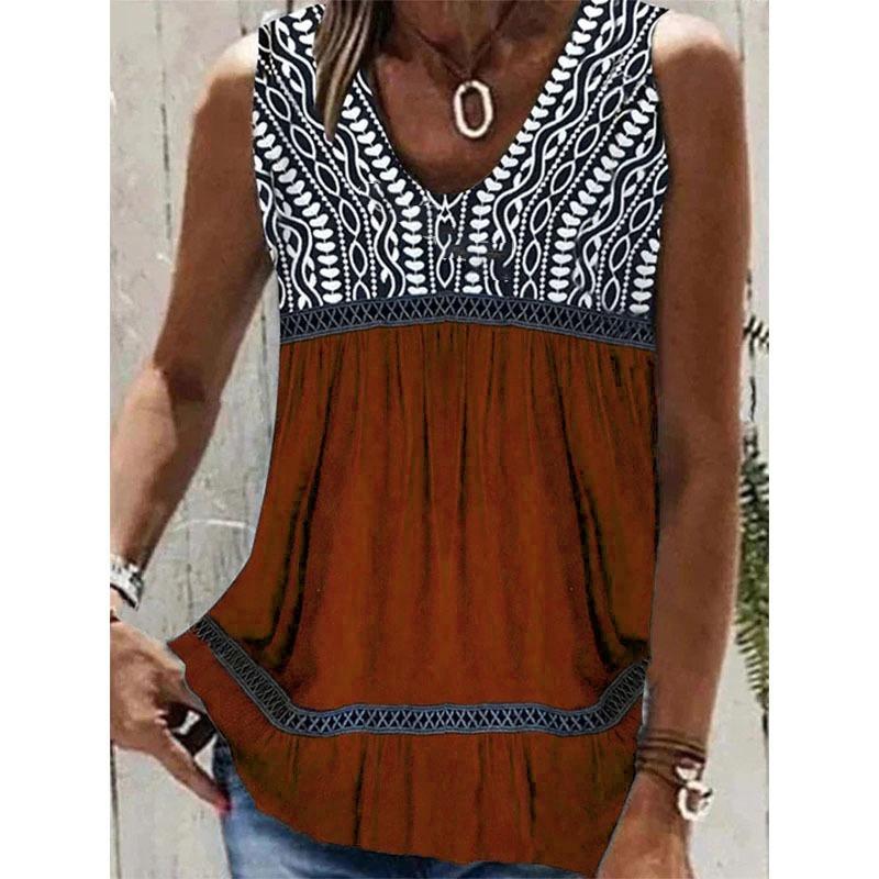 Summer Lace Patchwork Sleeveless Loose Blouse Women Tops V Neck Pleated Elegant Plus Size Shirts for Women Fashion Print Simple Blouses 24530