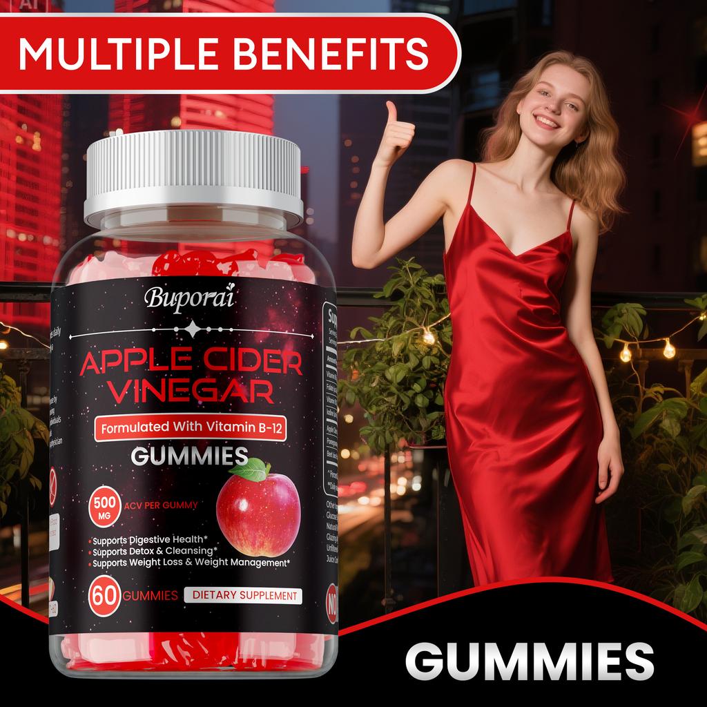 High-purity Apple Cider Vinegar Gummies, Containing Vitamin B12 Extract, Nutritional Supplement, Suitable for Both Men and Women.