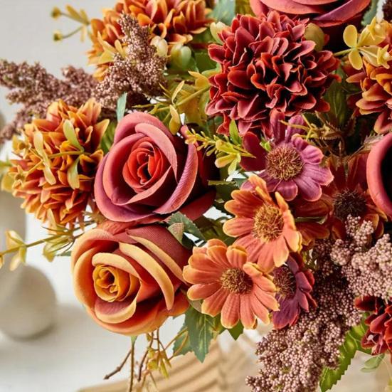 Artificial Rose Flower Bouquet Realistic Mixed Faux Rose Dahlia Chrysanthemum Ball Flower for Wedding Bridal Bouquets Table Centerpieces Baby Shower