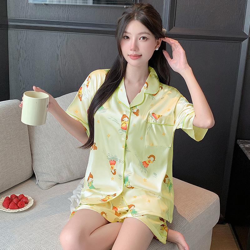 Мультяшная Маленькая Девочка Ins Холодный Шелк Прохладная Пижама Женский Летний Костюм с Короткой Рукавой и Шортами для Дома M