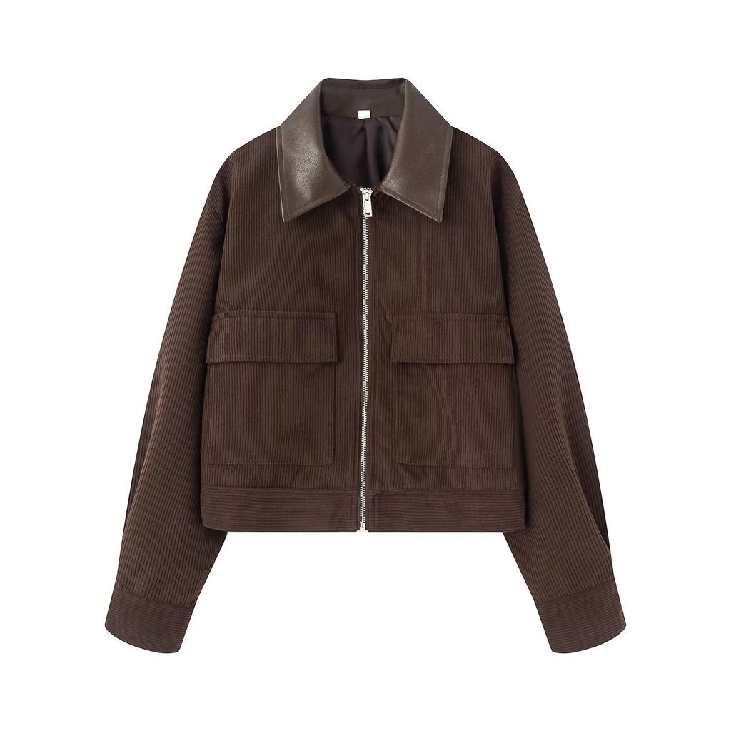 2026 spring new product European and American cross-border women's corduroy splicing leather neckline jacket w034 26023