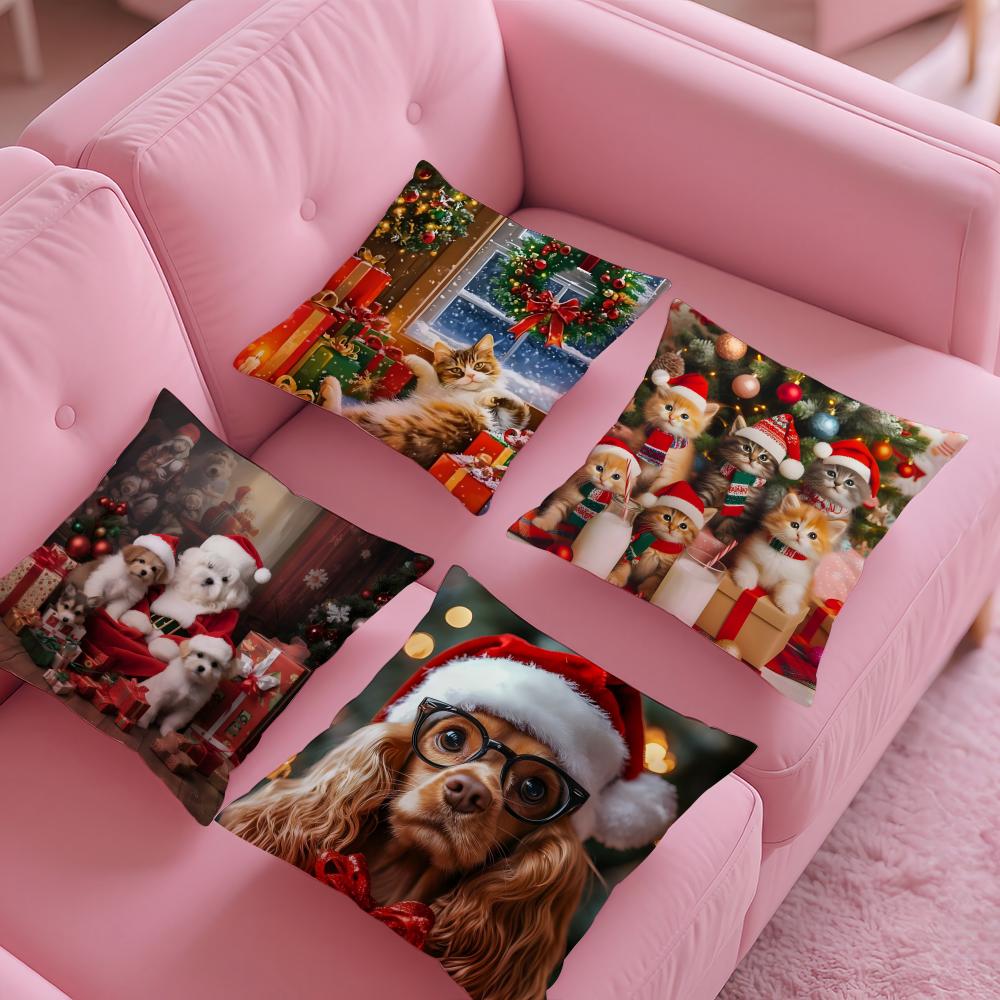Cute Animals Celebrate Christmas Pillow Case Silky Short Plush With Invisible Zipper Dustproof Sofa Cushion Cover