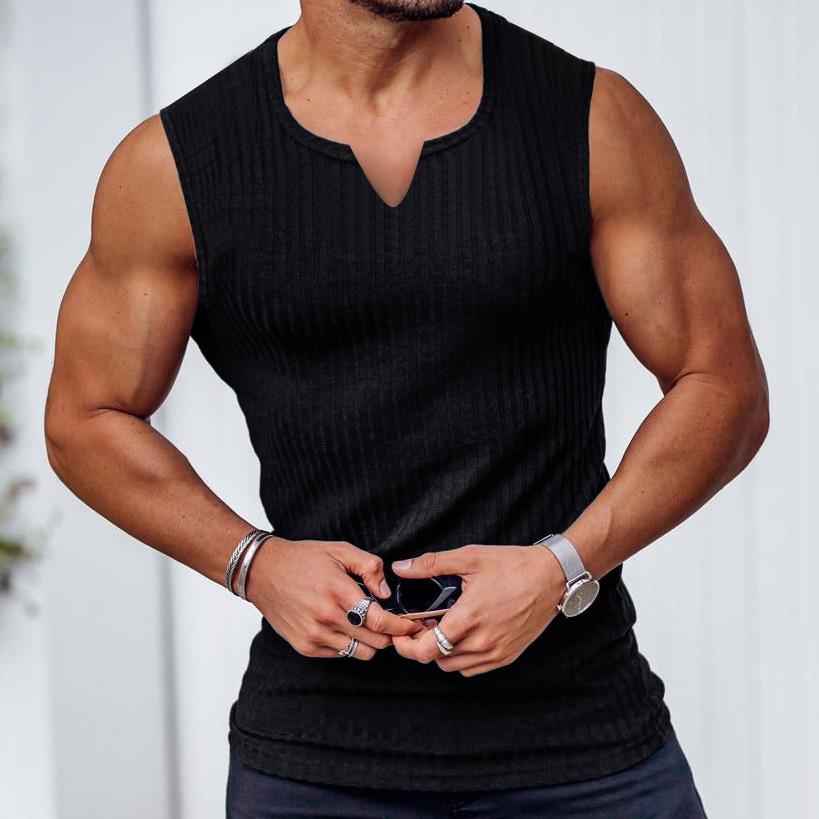 Summer Knitted Vertical Stripes Fitness Sports Slim-fit Vest Men's Industrial V-neck Wide-shoulder Vest Outdoor Sports Vest