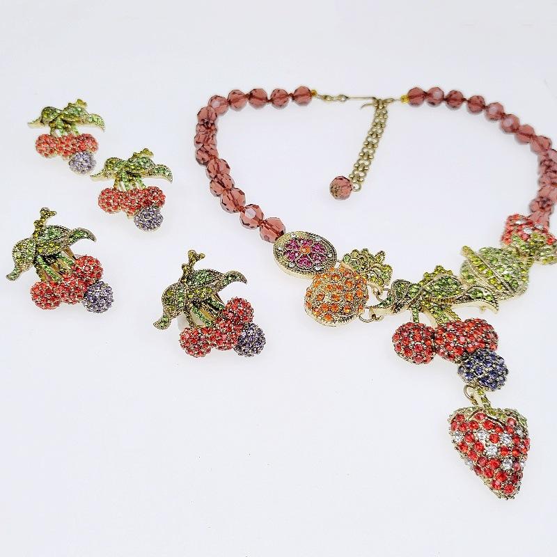 Set Colier Cercei Stil Retro European și American, Placat cu Aur, Culoare Fructe Tropicale, Transparent