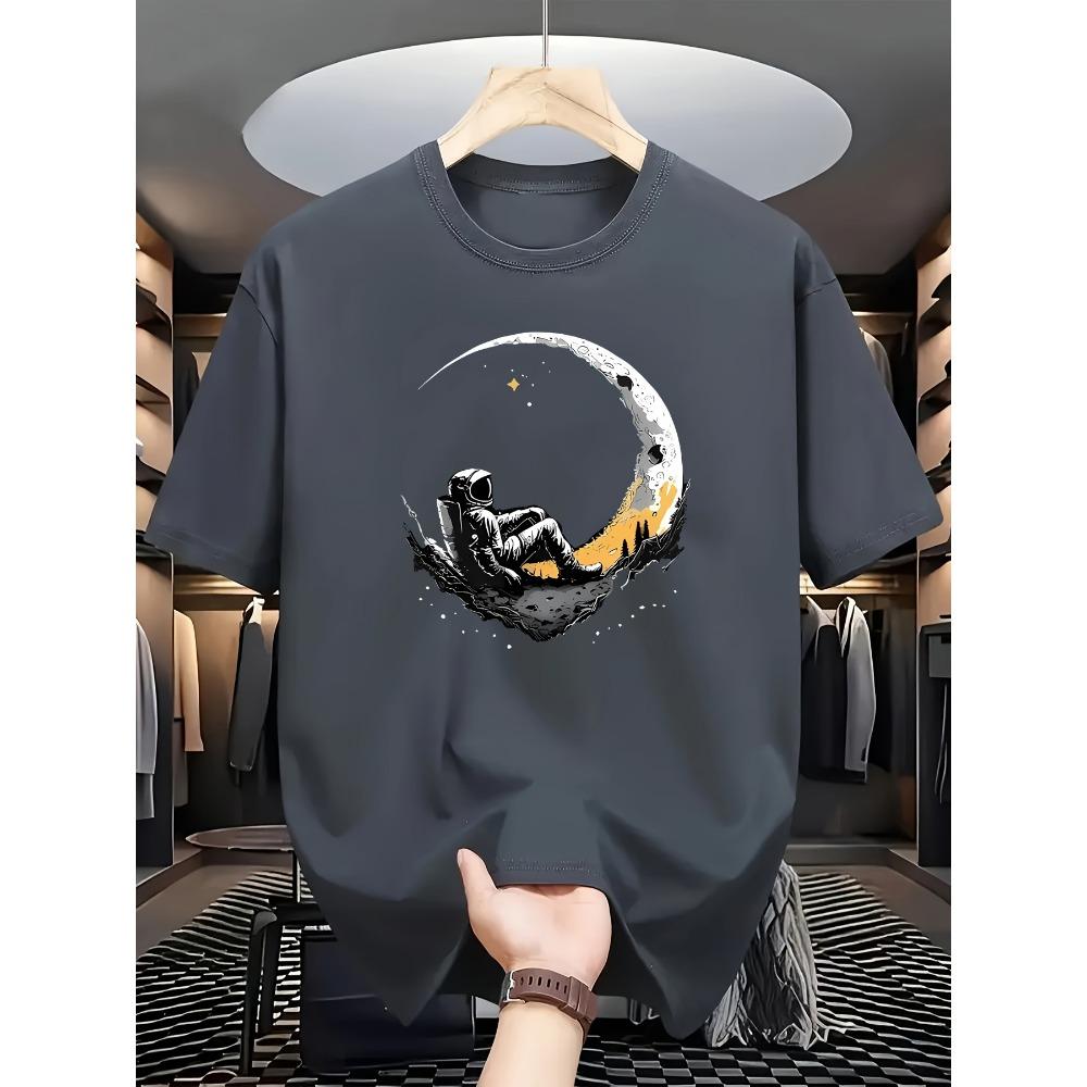 Camiseta Casual de Manga Corta para Hombre de Algodón 100% Puro, Corte Holgado, Estampado de Astronauta Iniciando Sesión y Luna, Cómoda, Cuello Redondo