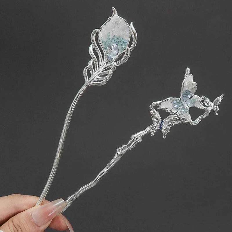 New Chinese Style Blue Crystal Butterfly Feather Hair Sticks for Women Handmade Hairpins Jewelry Accessories Hair Ornaments