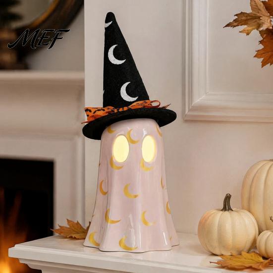 Halloween Home Table Decorations Light Up Ghost Decoration, Cute Spooky Witch Hat Figurine, Desk Decor Resin LED Lighted Statue for Mantel,