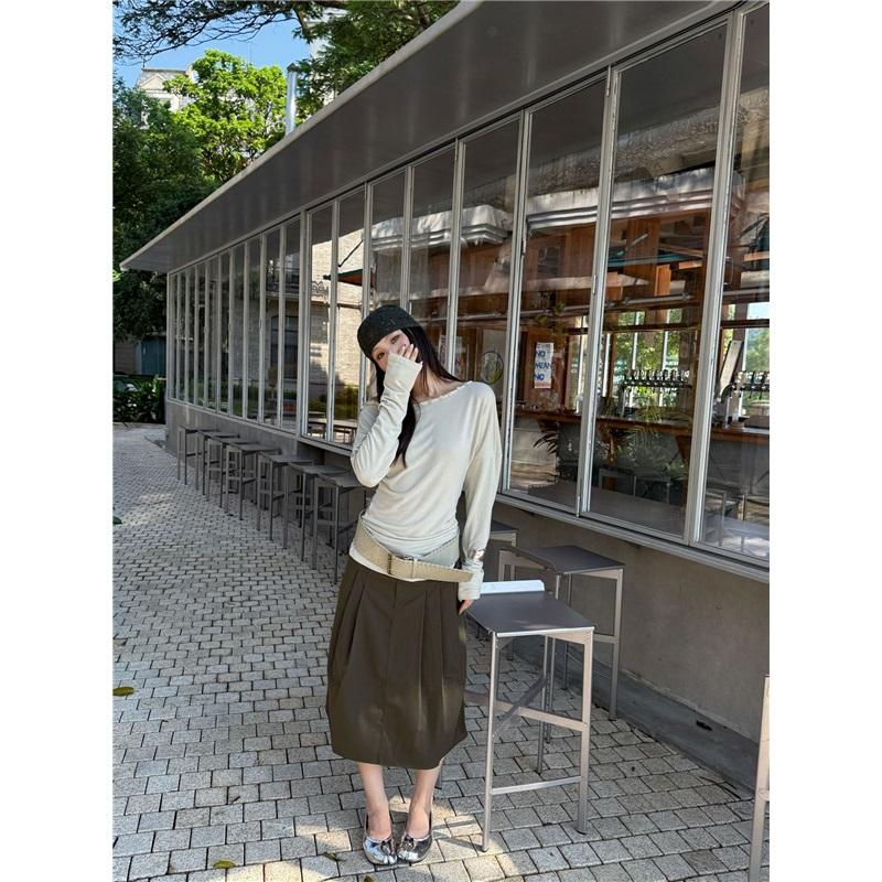 Fashionable Street Casual Shell Button Off-shoulder Long-sleeve High-stretch T-shirt