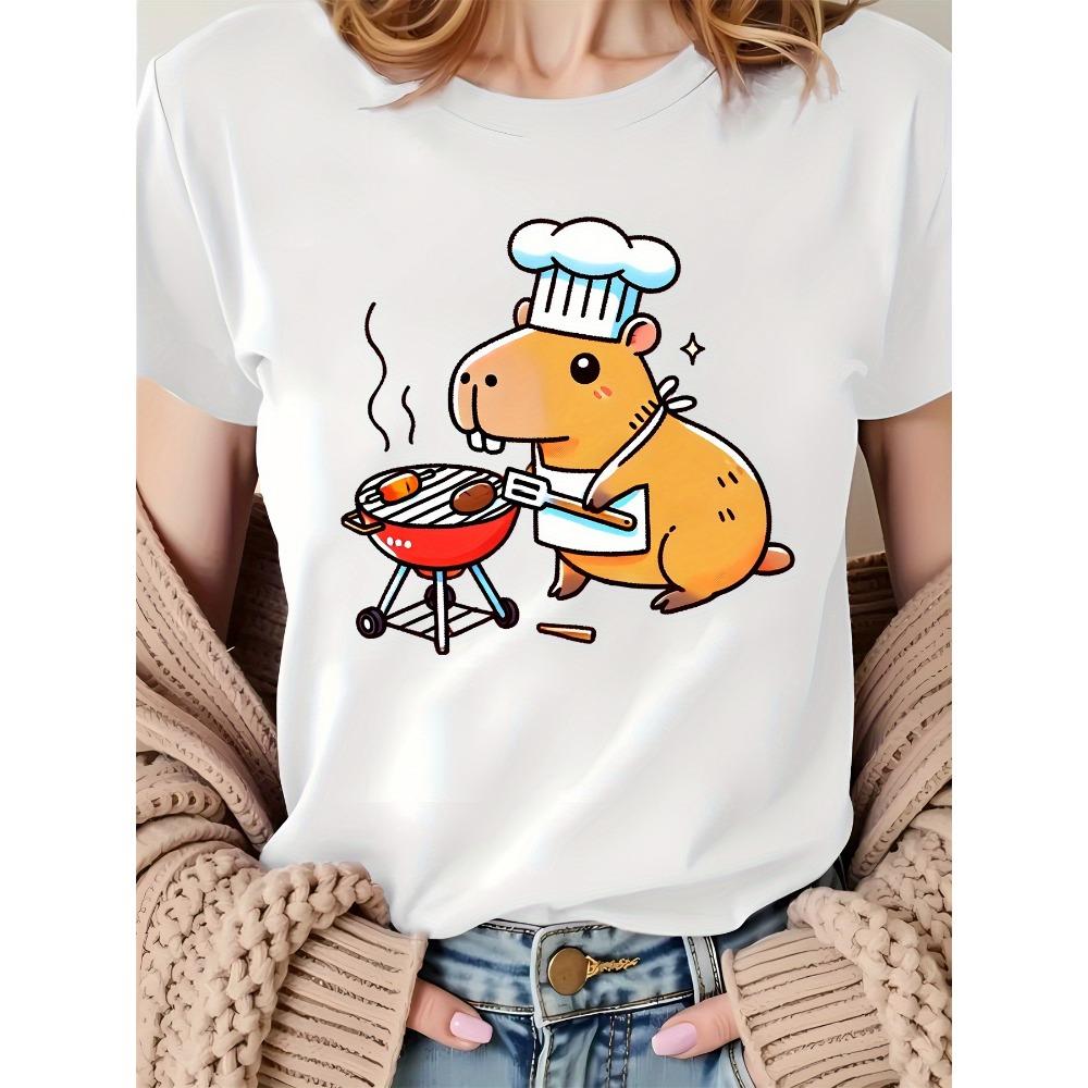 Womens White Short Sleeve T-Shirt Cute Guinea Pig Chef BBQ Graphic Print Short Sleeved Harajuku Tops