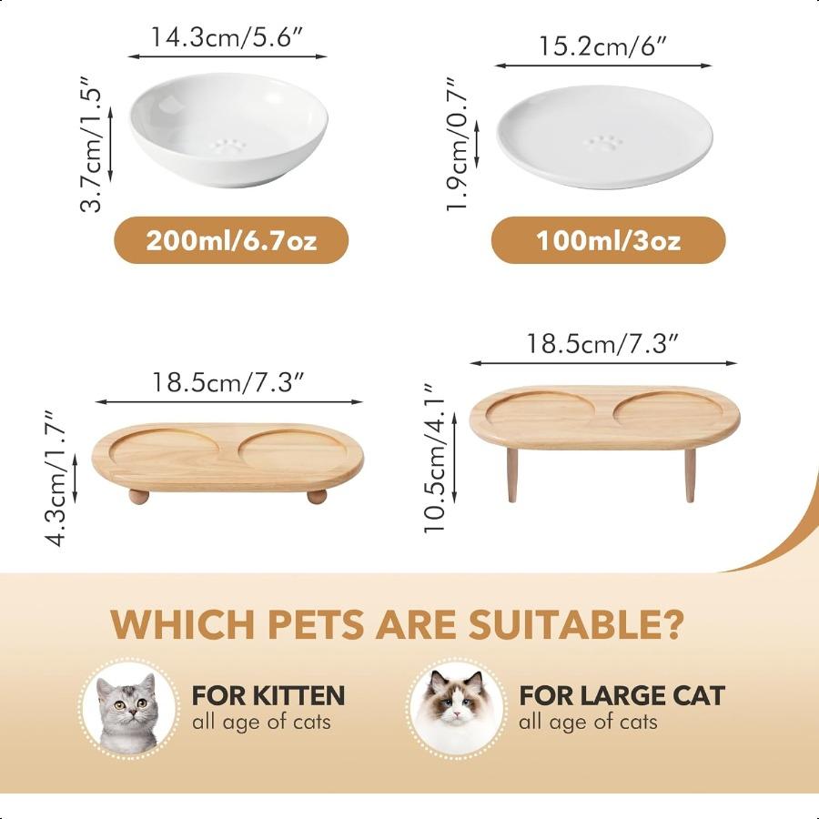 

Керамические миски для кошек с широким бортиком, удобные для усов, миска для еды и воды, с подставкой в 2 стилях, регулируемый приподнятый набор мисок для питомцев, 2 миски + 2 мелкие United States
