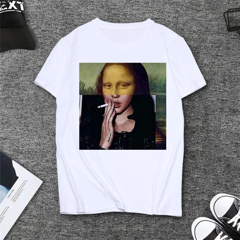 Summer Spoof Mona Lisa Drink Beer Print T Shirts Women Aesthetics Funny Casual Short Sleeves Tops Female Sleeved Harajuku