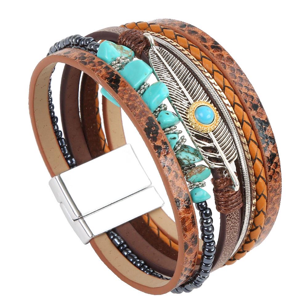 Korean Style Leather Bracelet with Feather & Turquoise for Women & Men