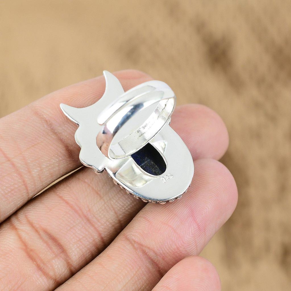 Lapis Lazuli Gemstone Cresent Moon Engagement Promise Ring Jewelry 925 Silver