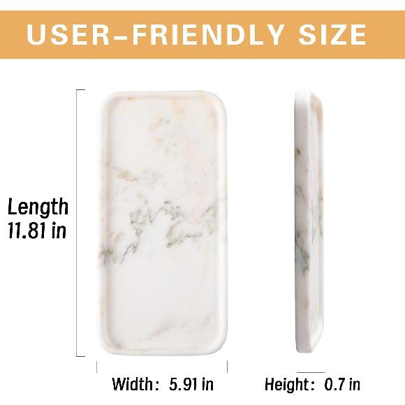 YKAJO Marble Tray, 12 x6 , Bathroom Countertop Organizer Rectangular Serving Platter Decorative Elegant Natural for Perfume, Candles, Jewelry