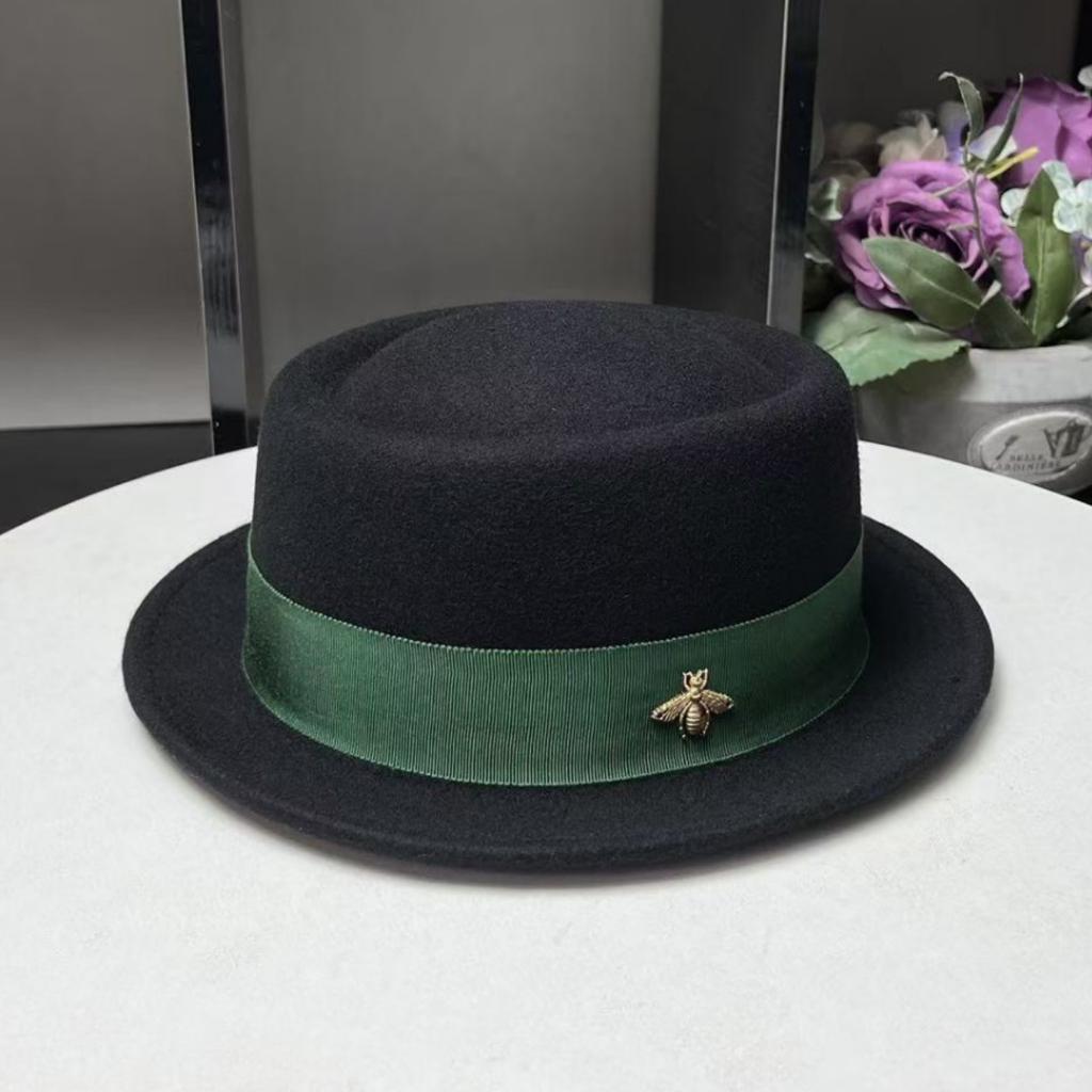Little Bee French Autumn and Winter Concave Top Flat Edge Woolen Top Hat Women's Small Edge British Casual Hat Felt Hat Travel