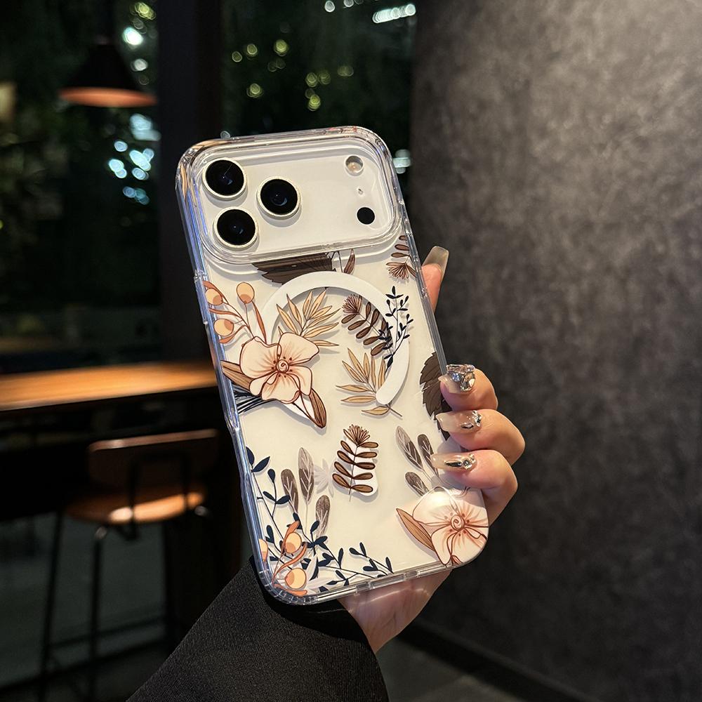 Flowers Element Design Transparent Magnetic Case for iPhone 12 16 15 14 13 17 Pro Max Air Wireless Charging For Magsafe Cover