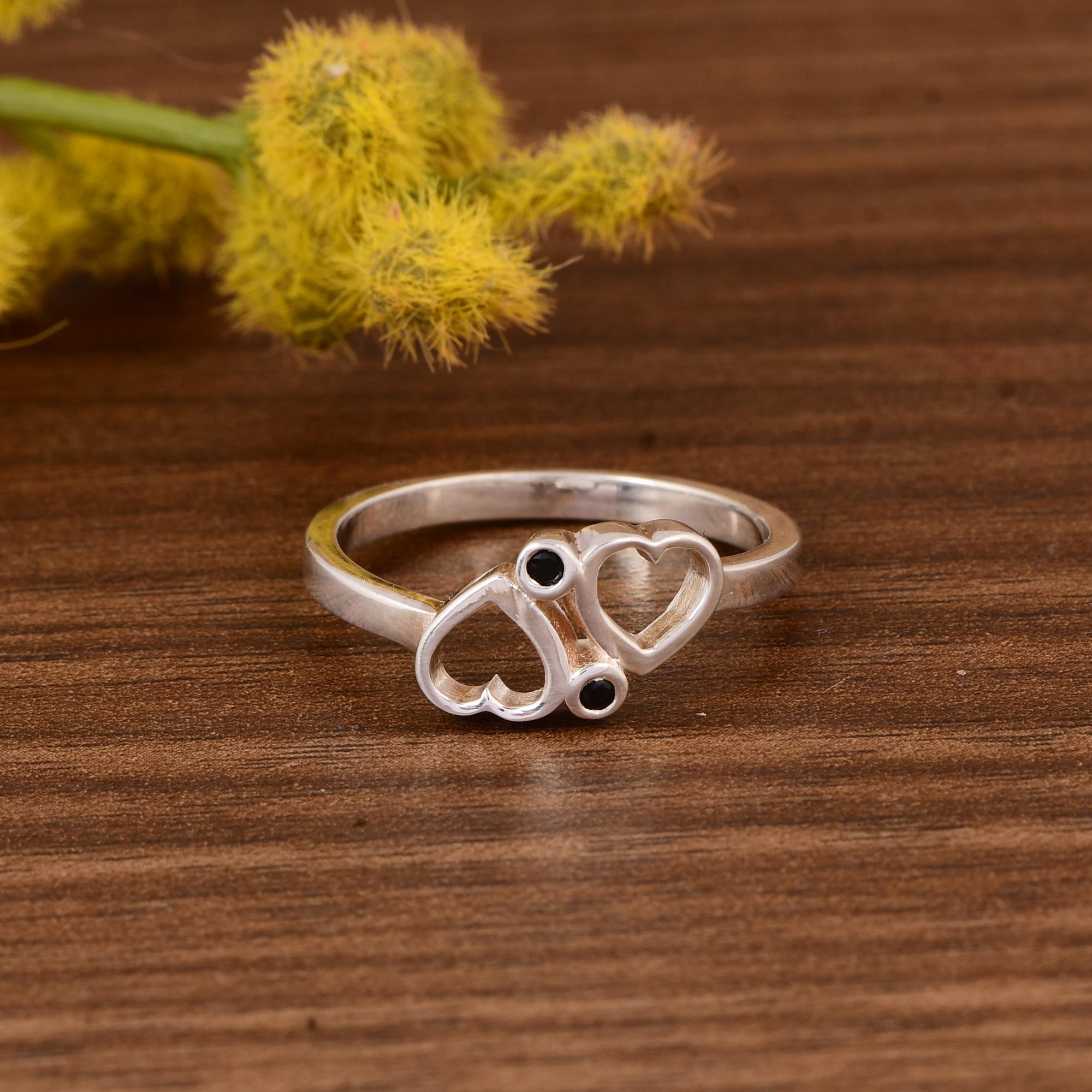 Double Heart Black Spinel Ring, Sterling Silver Promise Ring, Dainty Love Ring, Minimalist Heart Jewelry, Romantic Gift for Her 5