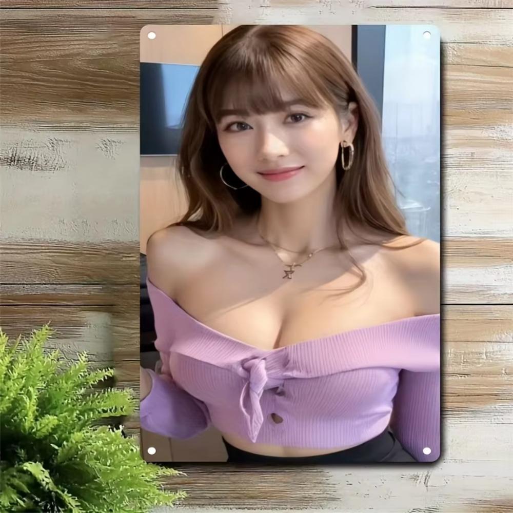 Metal Sign Wall Art Korean Beauty Poster, Purple Hair Woman Face Fashion Decor for Home Cafe Bar Christmas Gift