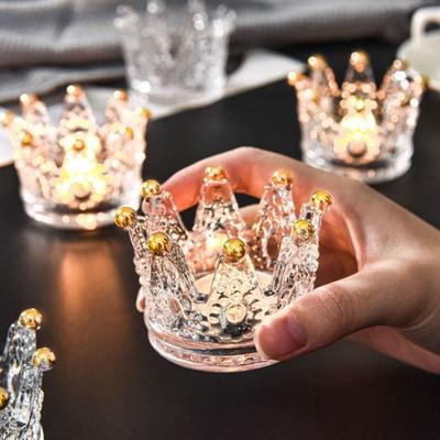 1/2Pcs Glass Crown Candle Holders Unique Safety Glass Tea Light Holder Exquisite Candlestick Stand Decoration Accessories