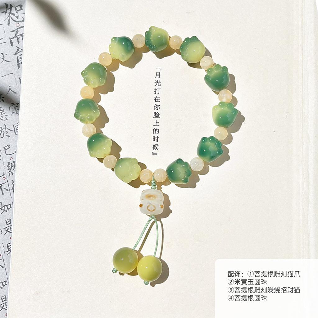 White Jade Bodhi Hand String Charcoal-Burned Little Cat Paw Single Circle Handheld Buddhist Beads Bracelet for Men and Women
