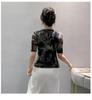 2023 Women's European Slim-Fit V-Neck Mesh Print Mid-Sleeve Pleated T-Shirt
