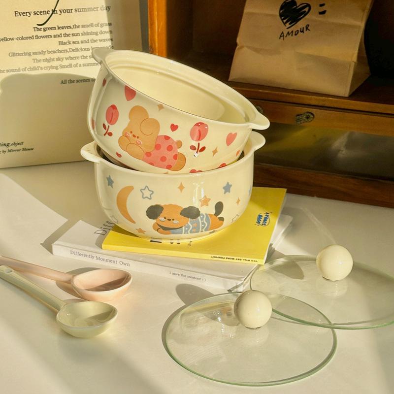 Ins Wind Cute Binaural Instant Noodle Bowl with Lid Household New Noodle Bowl Cream Wind Ceramic Snail Powder Bowl