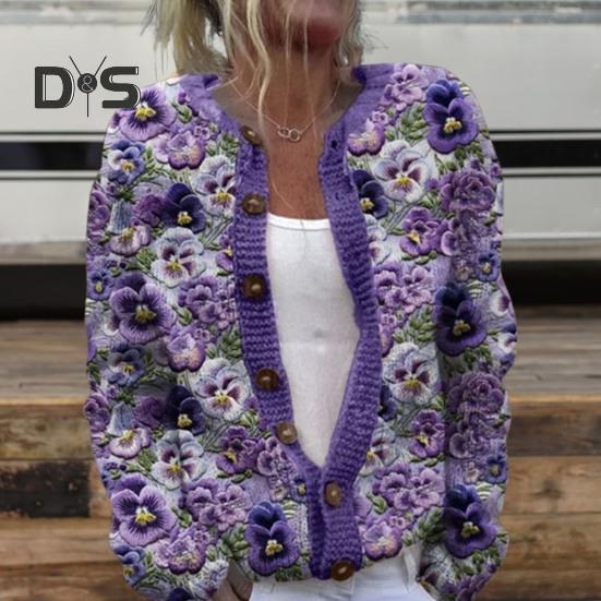 Damen Pullover Strickjacke Rundhals Langarm 3D Blumenmuster Button Up Strickjacke Verdickte warme Herbst Winter Tops