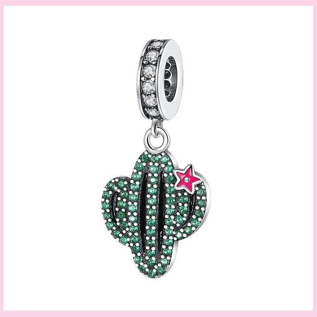 925 Silver Green Color Charms Temperament Cactus Avocado Charm Four Leaf Bead For Bracelet Jewelry Making