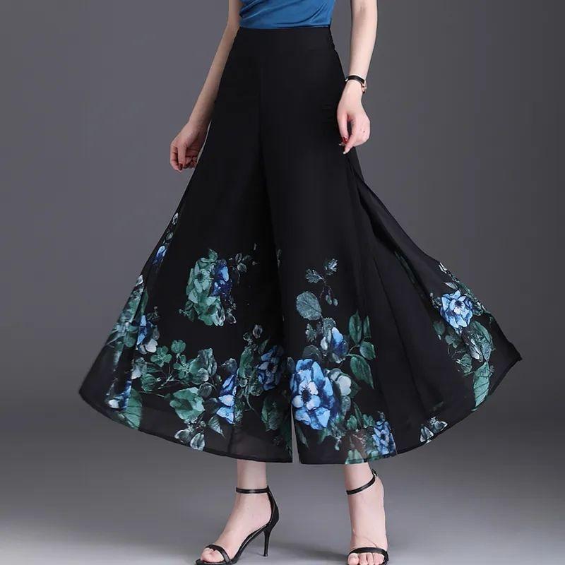 Women's Chiffon Wide Leg Pants Summer Chinese Style Floral Pants Skirt Pants Loose High Waist Retro Pants Skirt