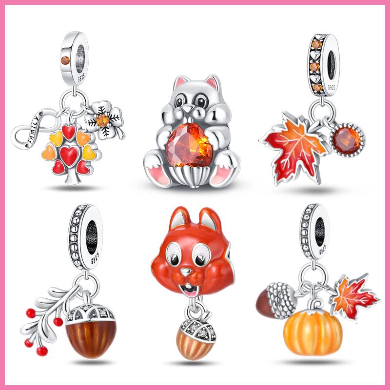 

2023 Осенние подвески, подходящие для оригинального браслета, 100 % 925 стерлингового серебра, ореховая белка, тыква, кленовый лист, милые подвески своими руками