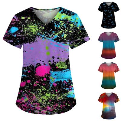 Uniforme de lucru cu imprimeu drăguț de mărime mare Topuri pentru femei, cu decolteu în V, mâneci scurte, tricouri distractive, îmbrăcăminte de lucru, tricou cu buzunare