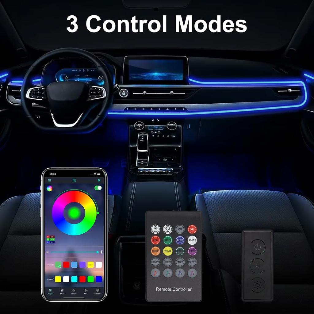 Interior Car Lights, 9 In 1 Car LED Strip With Wireless APP/RF Remote/Button Control, 16 Million Colors Ambient Lighting Kit With 5 Fiber Optic LED