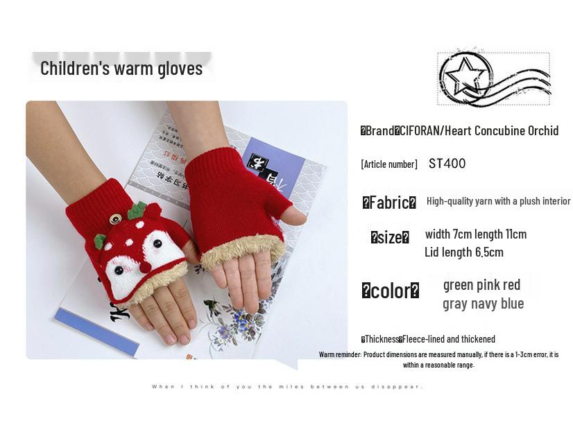 Children's Winter Cartoon Reindeer Flip-Top Half-Finger Gloves, Ages 4-10, Boys & Girls, Plus Velvet, Thick Cotton, Warm.