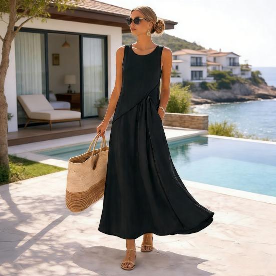 Women's Summer Maxi Dress Short Sleeve V Neck A Line Swing Dress Casual Beach Vacation Flowy Sundress with Pockets