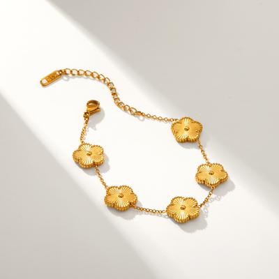 Titanium Steel Gold Plated Double Sided Five Petal Flower Lucky Four Leaf Clover Bracelet Jewelry