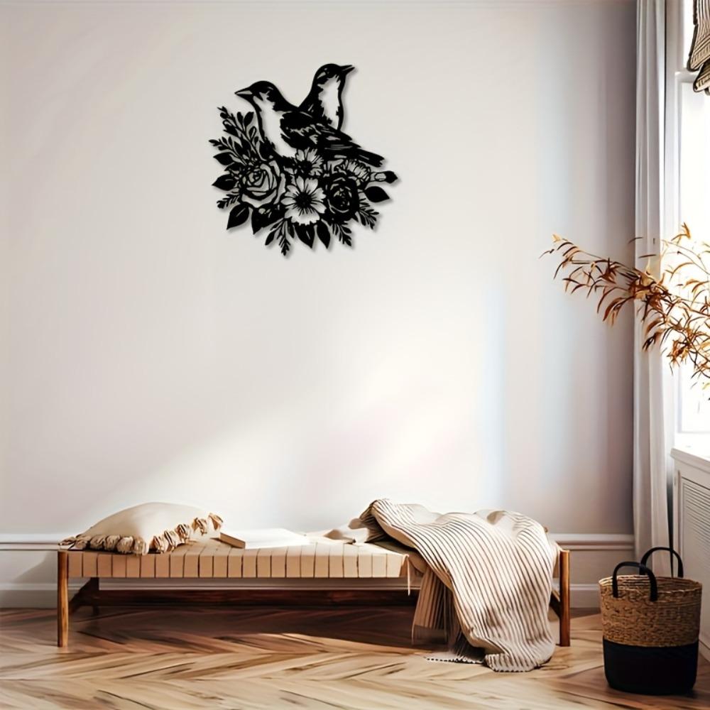 

Two Birds Floral Metal Wall Sculpture Black Iron Leaf Vine White Roses Beige Wedding Valentine Mother Day Gift Home Decor 12in