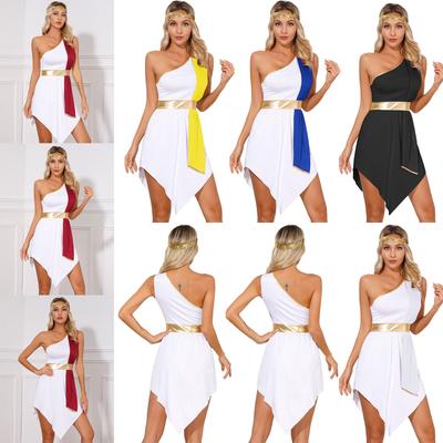 Womens Roman Greek Role Play Outfit Halloween Theme Party Costume Dress Color Block Irregular Hem One Shoulder Sleeveless Dress with Sequin Headband