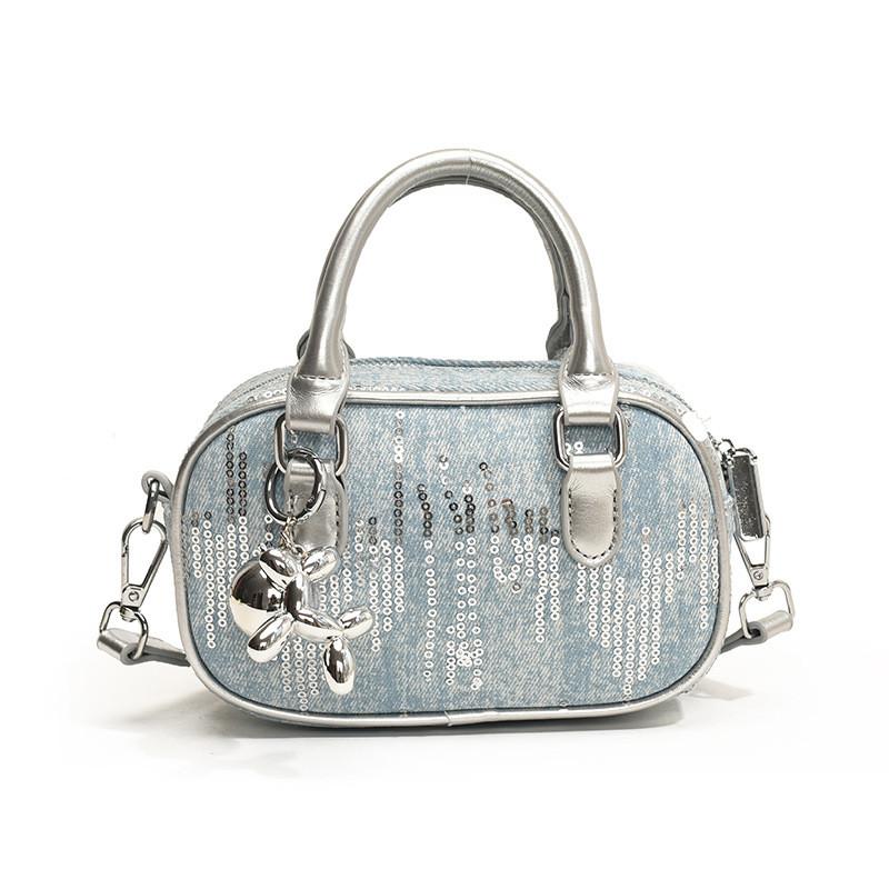 IELGY Korean Style Denim Sequined Portable Bowling Bag Contrast Color One-Shoulder Messenger Small Square Bag