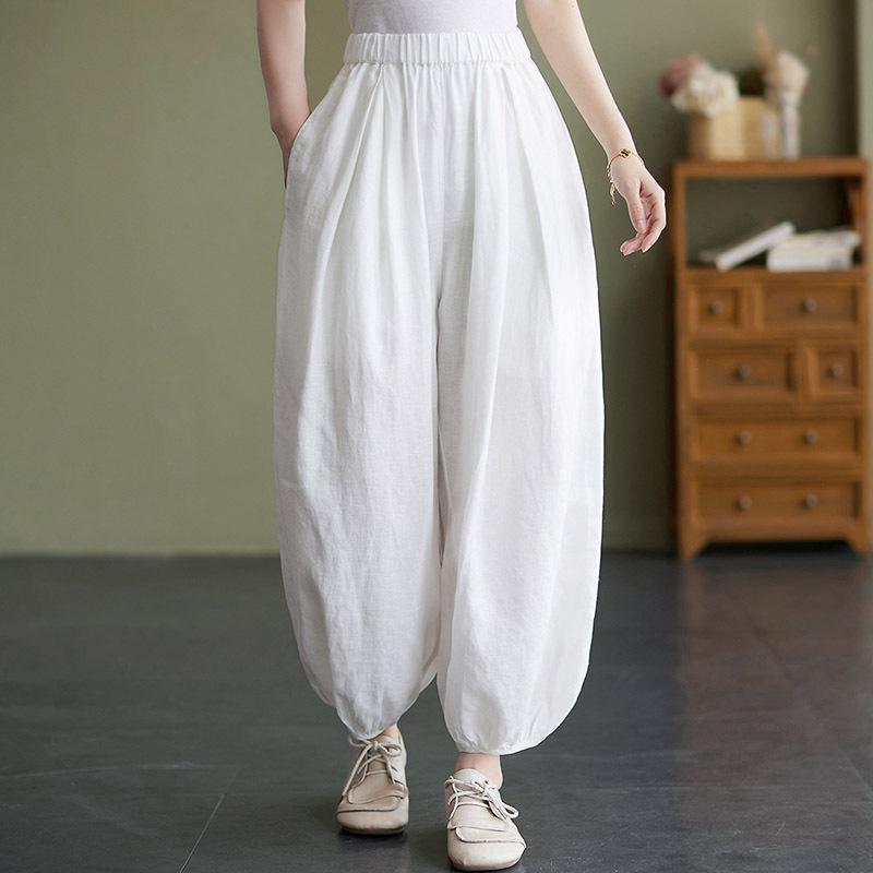 

Summer Thin Literary Cotton and Linen Solid Color Bloomers Women s Loose Casual All-match Leggings Carrot Pants One size белый