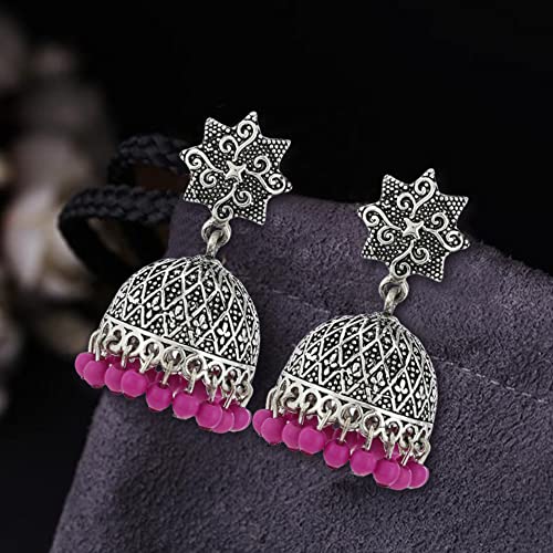 Estele Oxidised Silver Plated Metal Brass Jhumki With Pink Beads Drop Earrings for Girls and Women