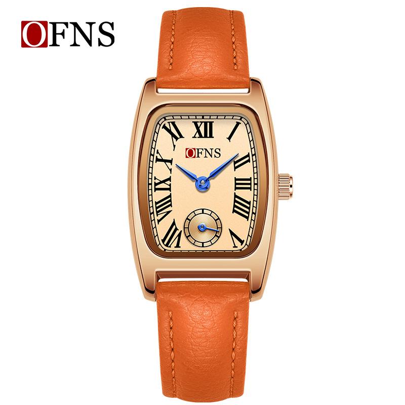 Fashion Ofns Brand Women's Quartz Watch Vintage Barrel Shape Two Half Hand Leather Strap Waterproof Dress Leather Wrist Watches