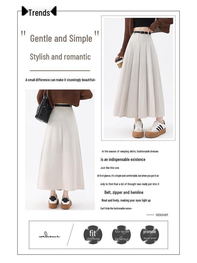 Women's High Waist Gray A-Line Pleated Mid-Length Skirt - Spring, Summer, Autumn 2025