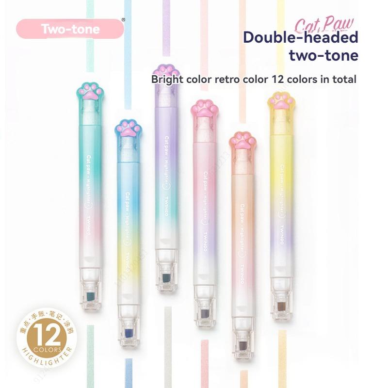 6pcs/box Cats Paw Highlighter Double-ended Two-color Gradient Ins High-Value Handbook Marker Pen Student Supplies