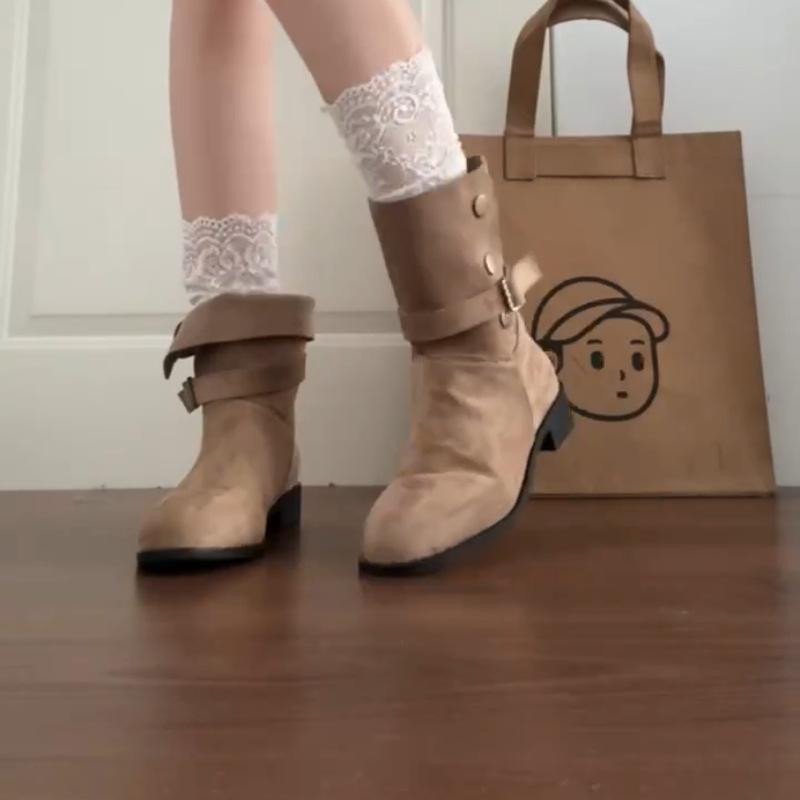 Niche Thick Heel Belt Buckle Medium Tube Pointed Martin Boots Women's Autumn and Winter Fashion Retro Style Sleeve Two Wear Fashion Boots Tide