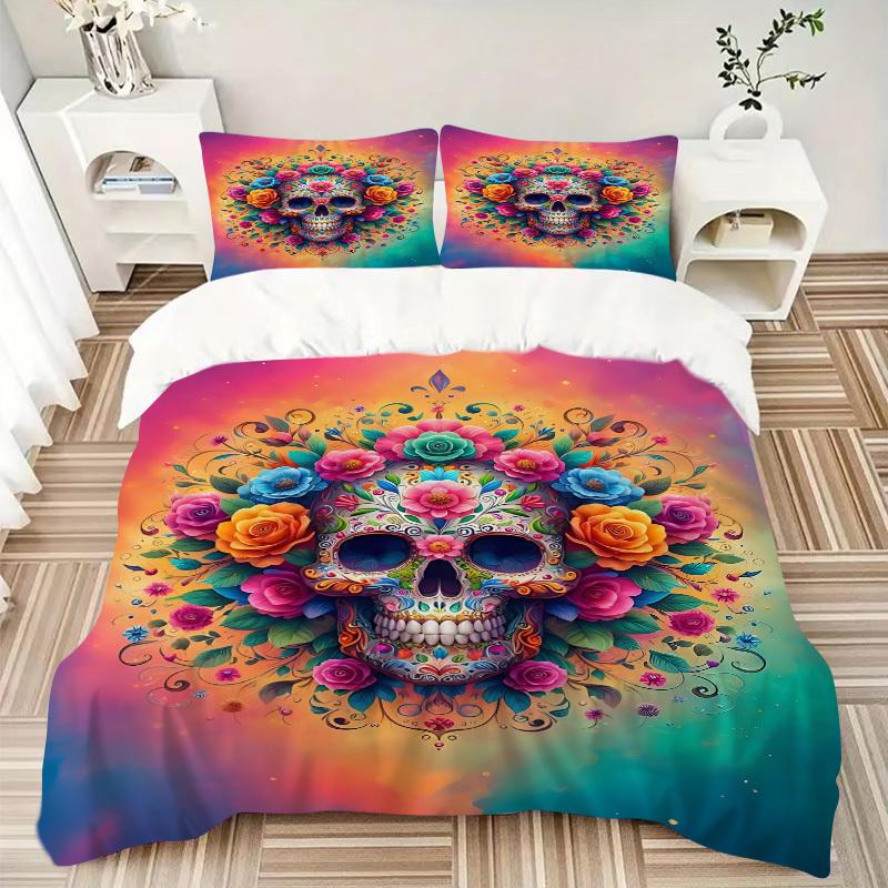 3PCs Sugar Skull Artwork Design Cover Set, Breathable Fabric, Machine Washable (1 Duvet Cover + 2 Pillowcases) (Without Quilt) Yy250911079